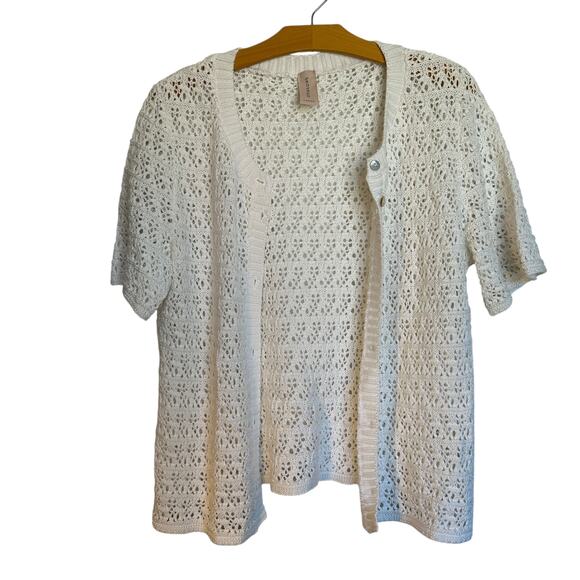 Skovhuus Short Sleeve Cardigan Button Front Sweater White Knit Granny Coastal L - Picture 2 of 8